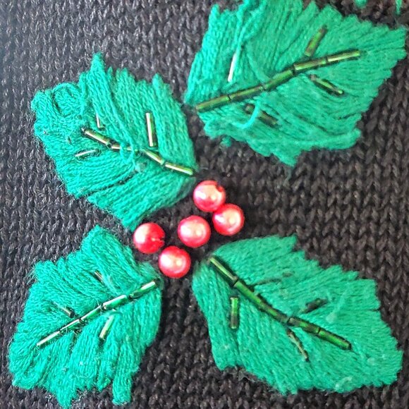 Vintage Christmas Cardigan Sweater With Embroidered Stockings & Holly - Picture 7 of 16